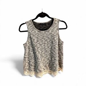BASIL ❤️ LOLA Black & White Sleeveless Tweed Top with Lace/Crochet Trim Sz S